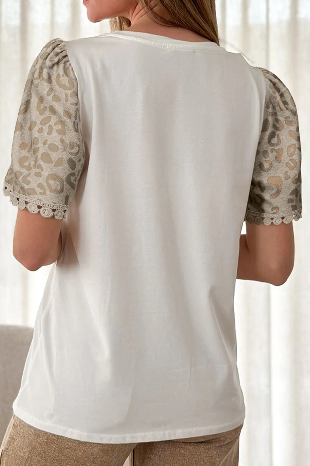 Leopard Patchwork Crochet Lace Trim Puff Sleeve T Shirt, image 5