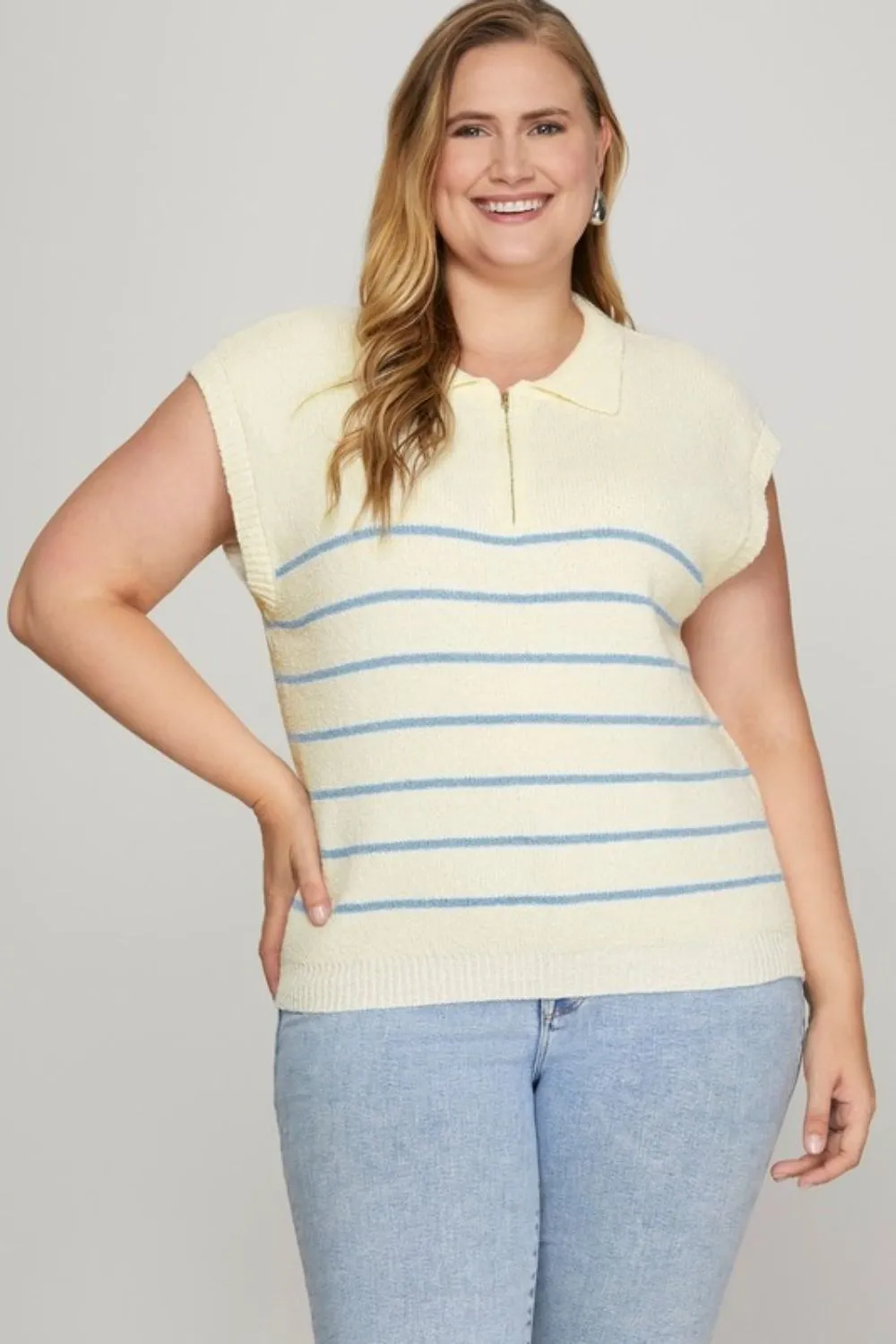 Full Size Ribbed Hem Striped Half Zip Sweater Vest Plus Size, image 2