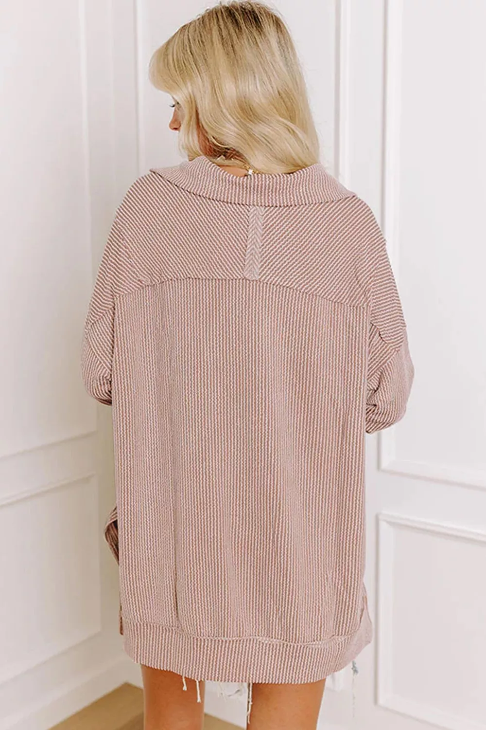 Twist Ribbed Zipper Collar Drop Shoulder Long Sleeve Top, image 5