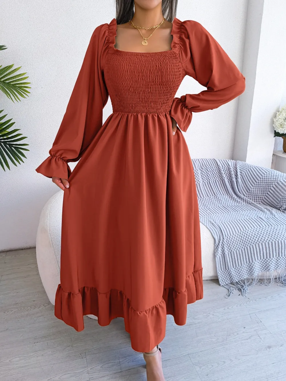 Smocked Square Neck Flounce Sleeve Dress, image 16