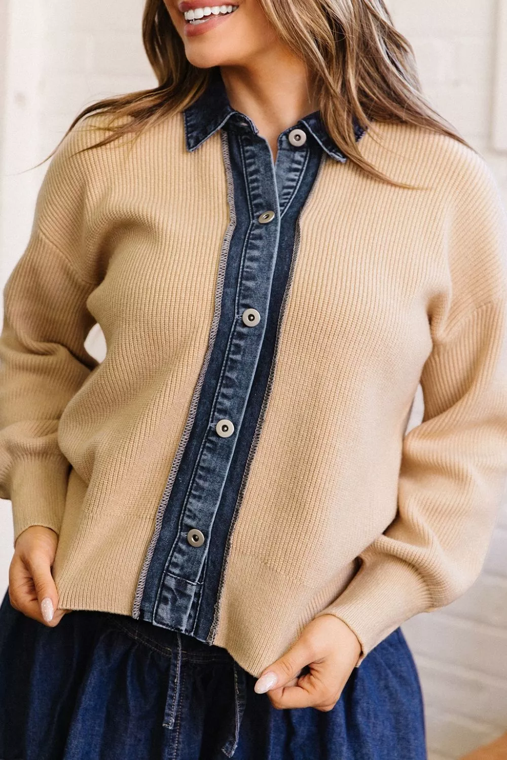 Drop Shoulder Placket Paneling Shirt Collar Long Sleeve Cardigan, image 3