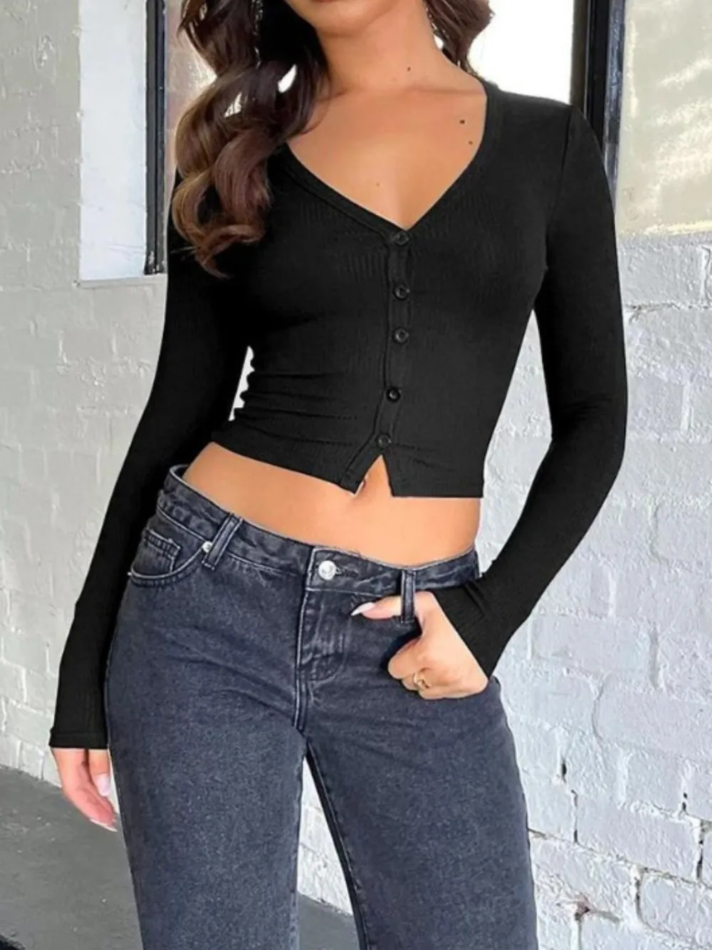 Buttoned V-Neck Long Sleeve T-Shirt, image 6