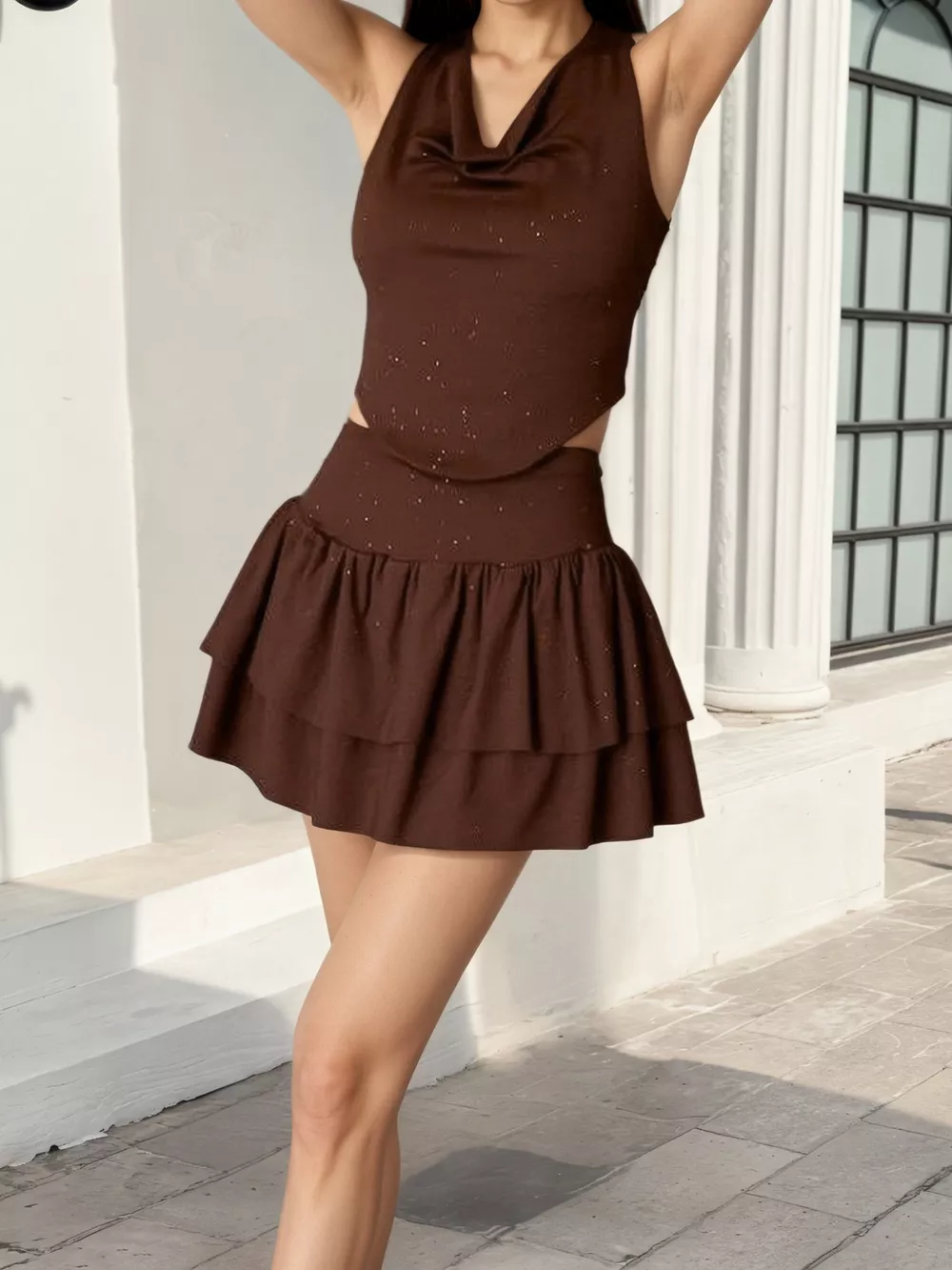 Halter Neck Crop Top and Layered Ruffle Mini Skirt Set, image 4