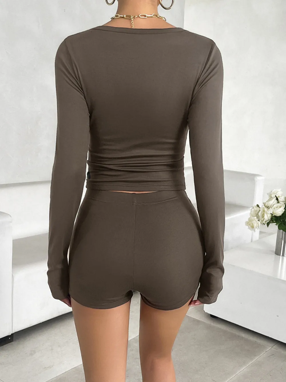 Scoop Neck Long Sleeve Top and Shorts Set, image 22
