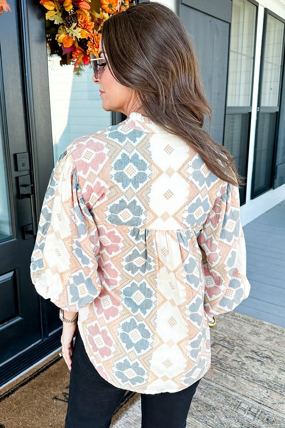 Tassel Tie Neck Balloon Sleeve Blouse, image 3