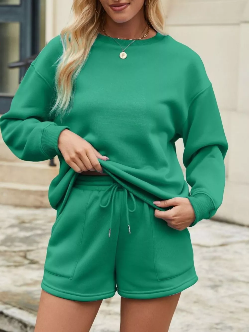 Round Neck Dropped Shoulder Top and Drawstring Shorts Set, image 13