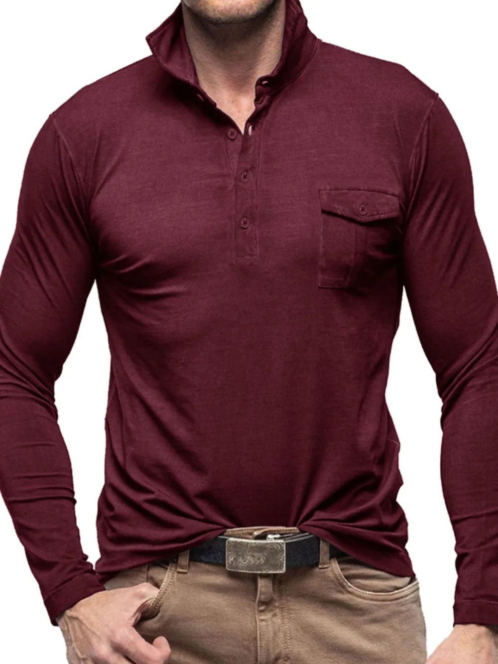 Men's Basic style Collared Neck Long Sleeve Polo, image 10