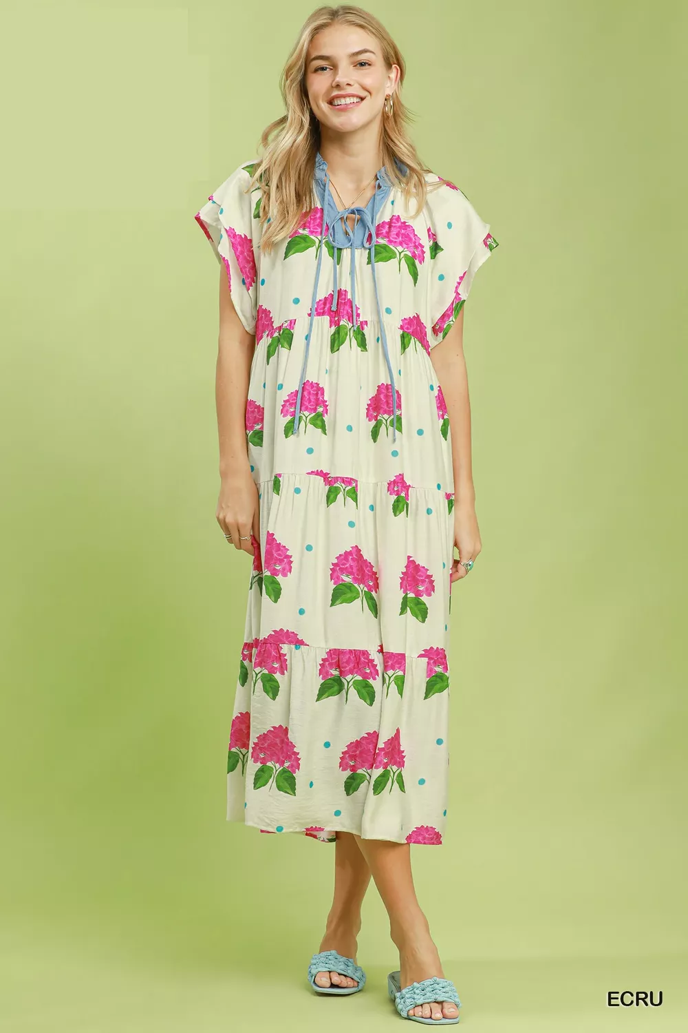 Hydrangea Print Tiered Midi Dress, image 2