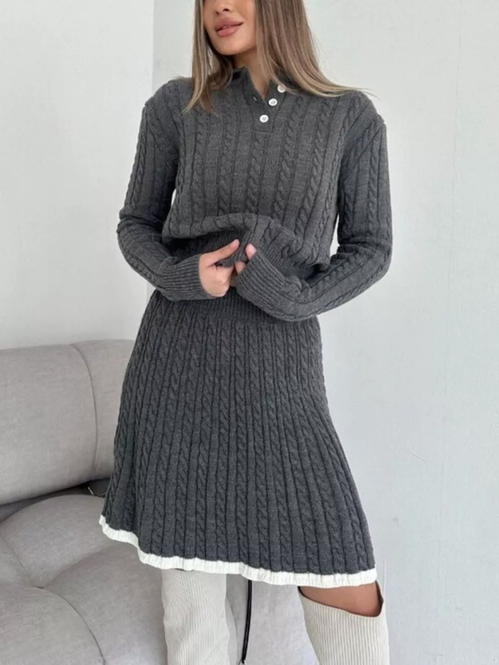 Cable Knit Long Sleeve Top and Skirt Sweater Set, image 8
