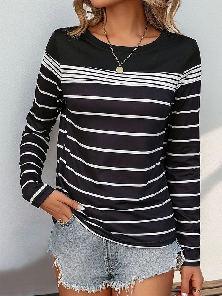 Striped Round Neck Long Sleeve T-Shirt, image 4