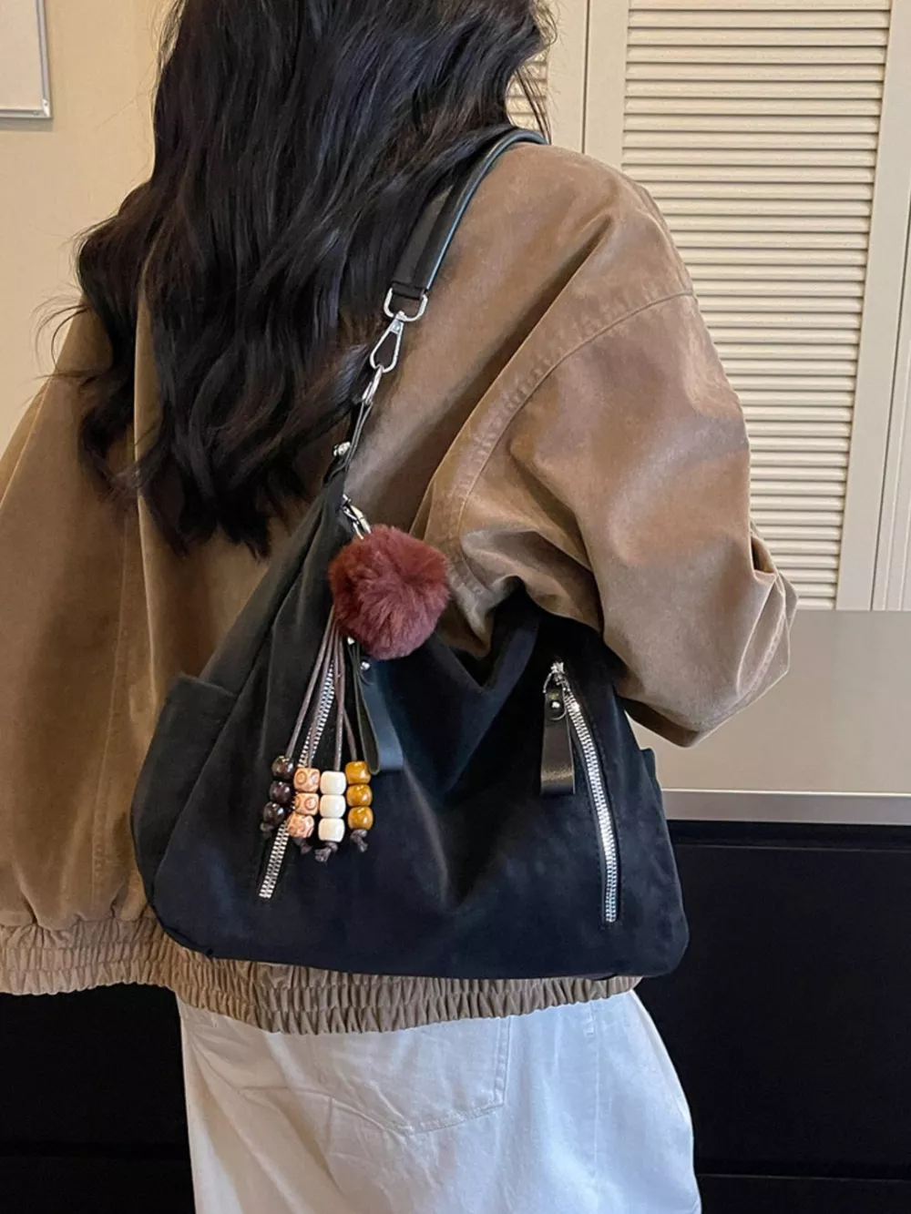 Decorative Pom-Pom and Bead Charm Shoulder Bag, image 7