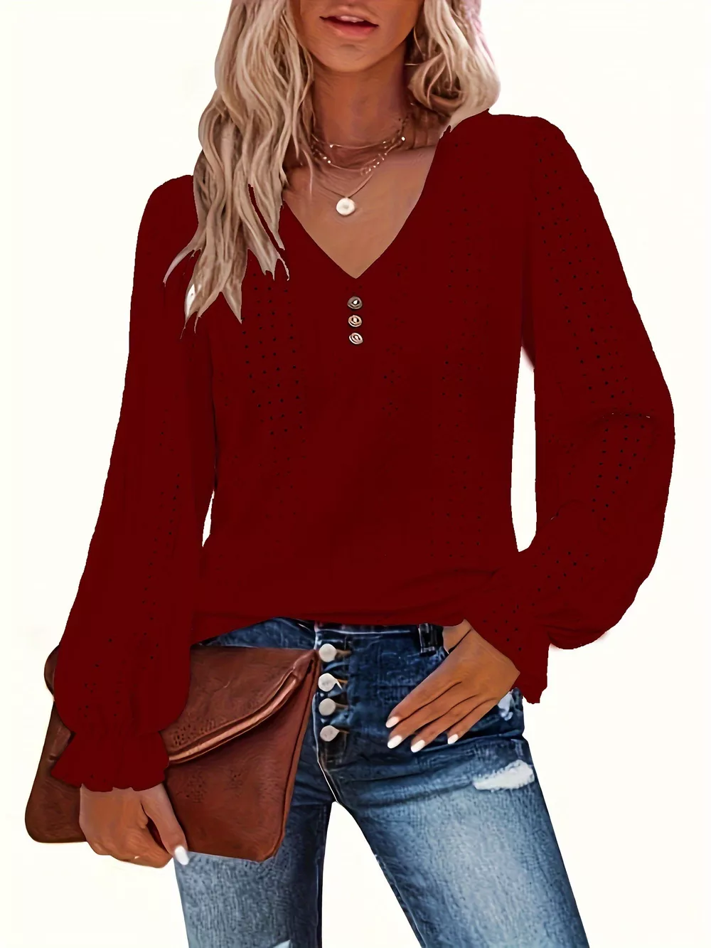Plus Size Eyelet V-Neck Flounce Sleeve Blouse, image 31