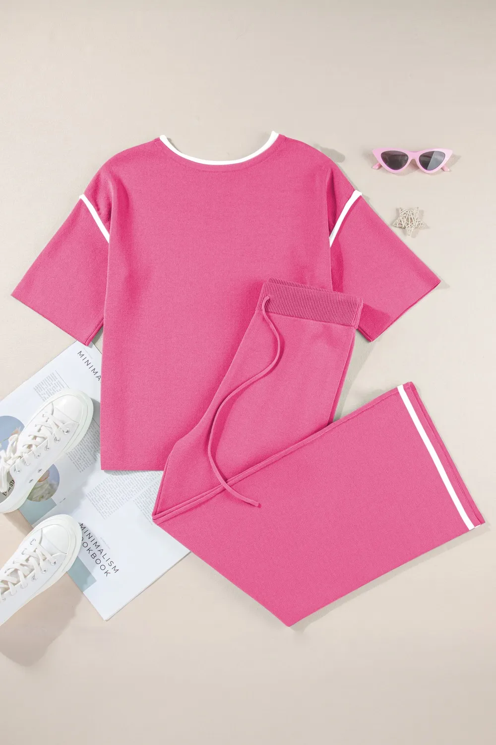 Contrast Trim Round Neck Top and Pants Set, image 16