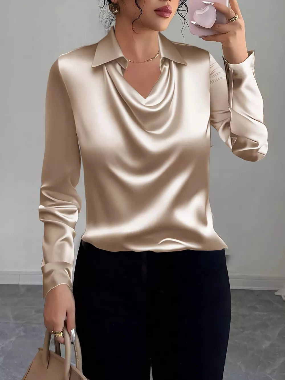 Satin Collared Neck Long Sleeve Blouse, image 6