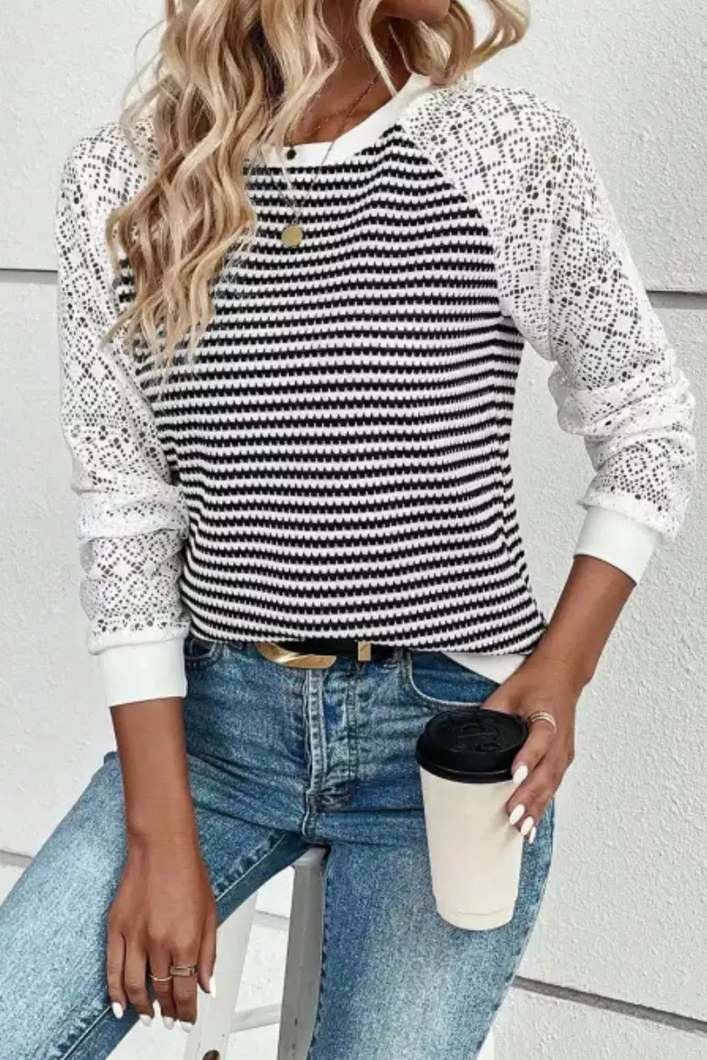 Striped Lace Raglan Sleeve Blouse