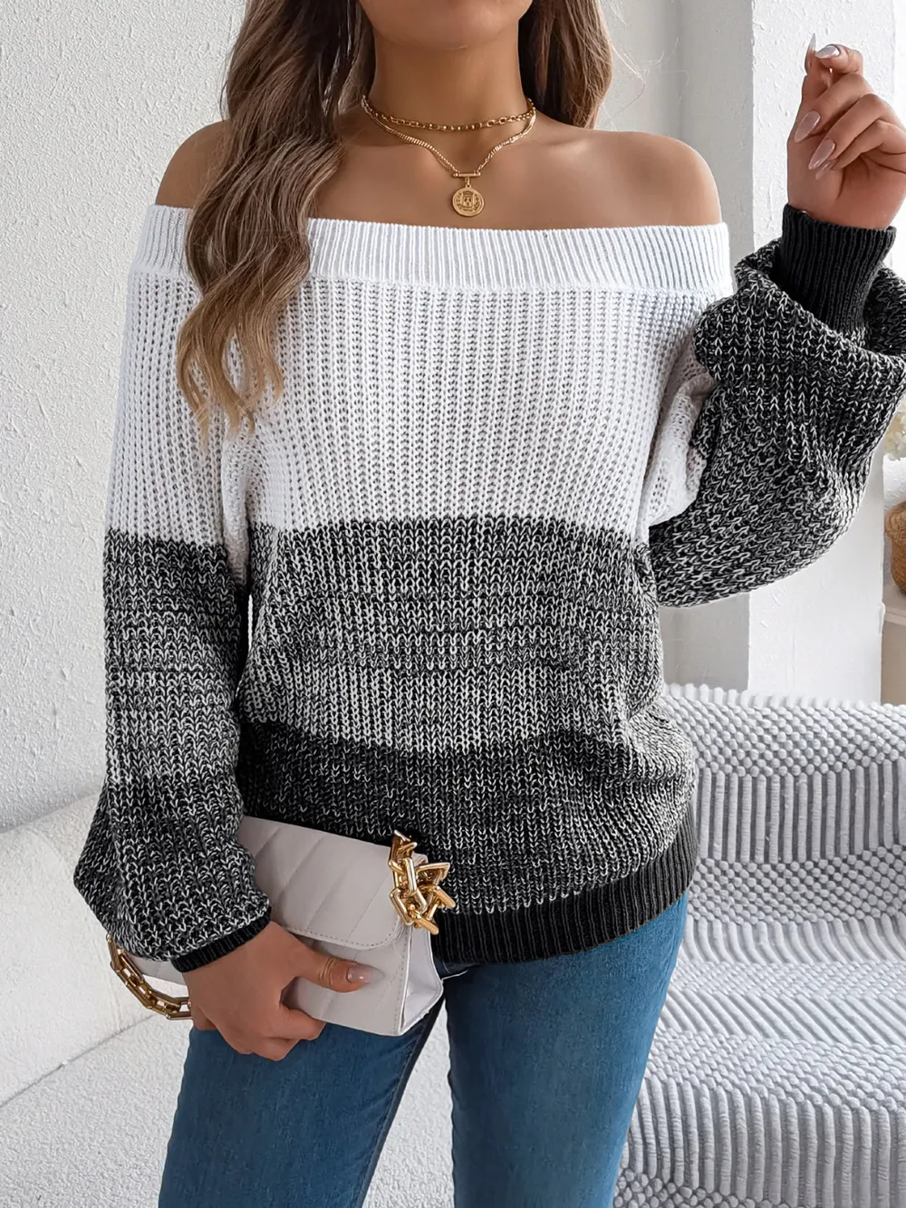 Color Block Off-Shoulder Long Sleeve Sweater, image 5