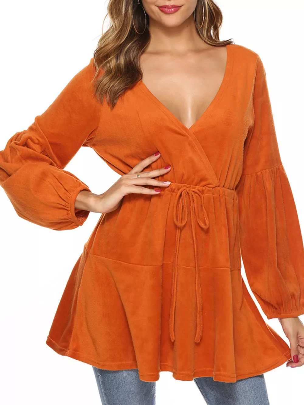 Velvet Long Sleeve Drawstring Blouse, image 2