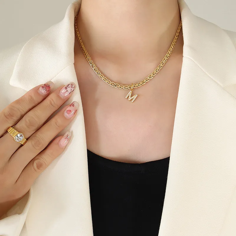 Brass Inlaid Zircon Letter Pendant Necklace, image 4