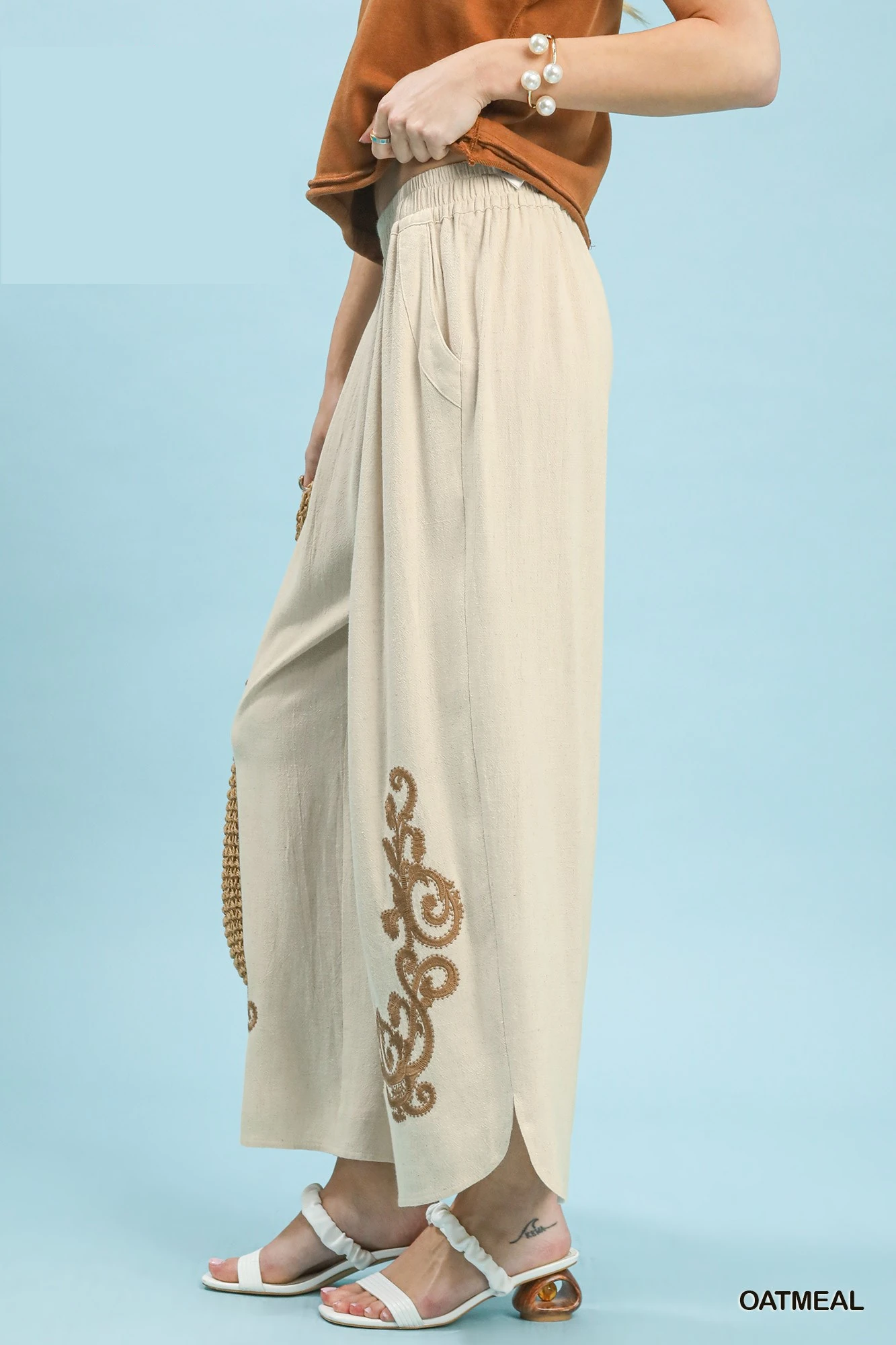 Linen Embroidered Wide-Leg Boho Pants, image 2