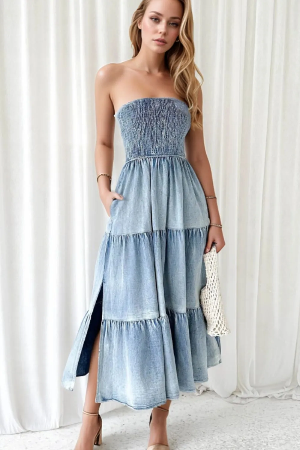 Smocked Tube Slit Tiered Denim Dress, image 4