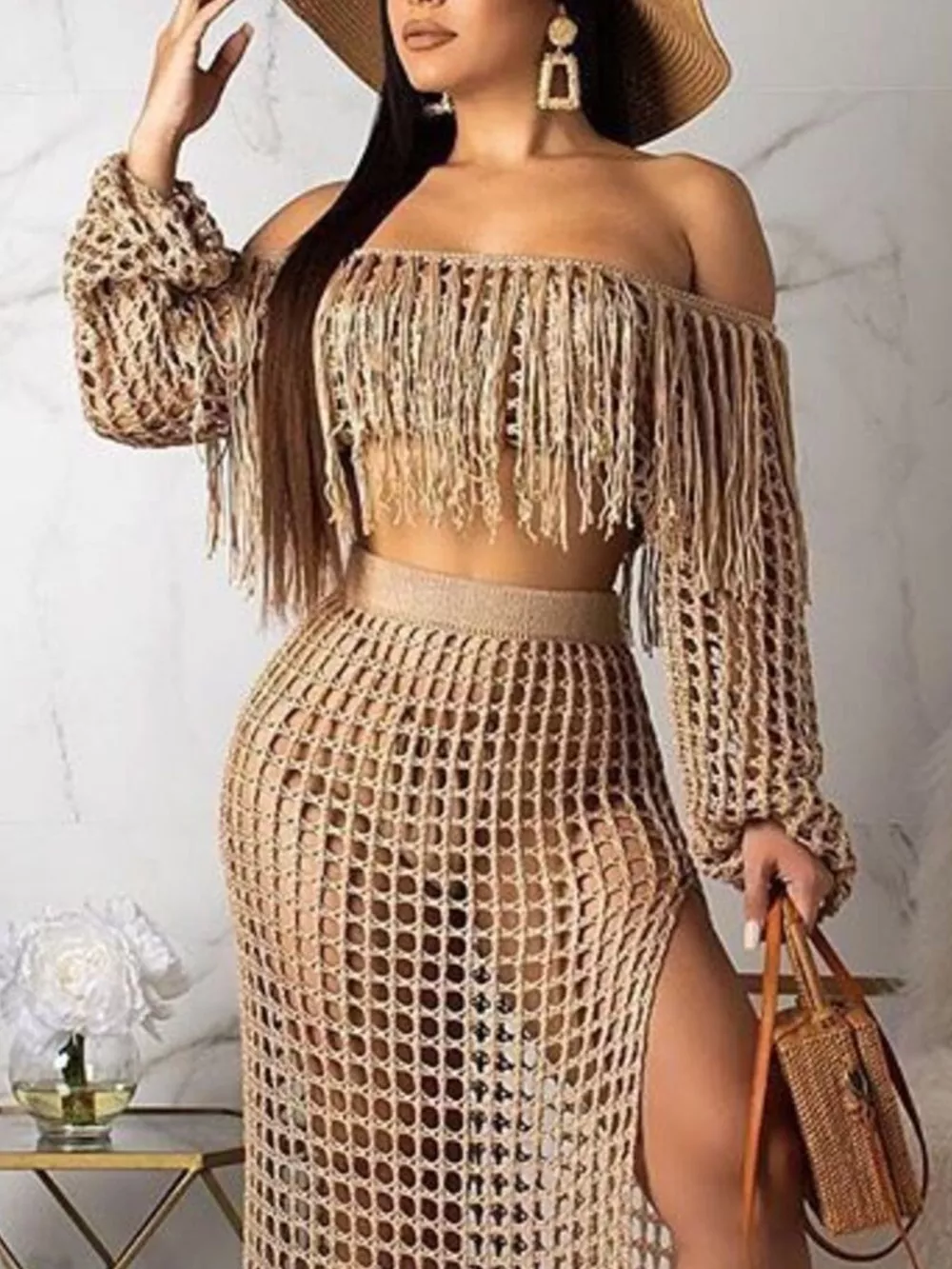 Full Size Crochet Off-Shoulder Fringe Top and Skirt Set Plus Size, image 11