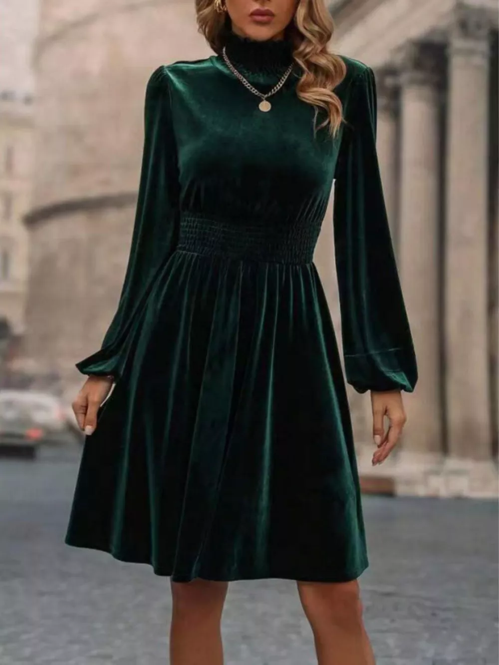Velvet High Neck Long Sleeve A-Line Dress, image 5
