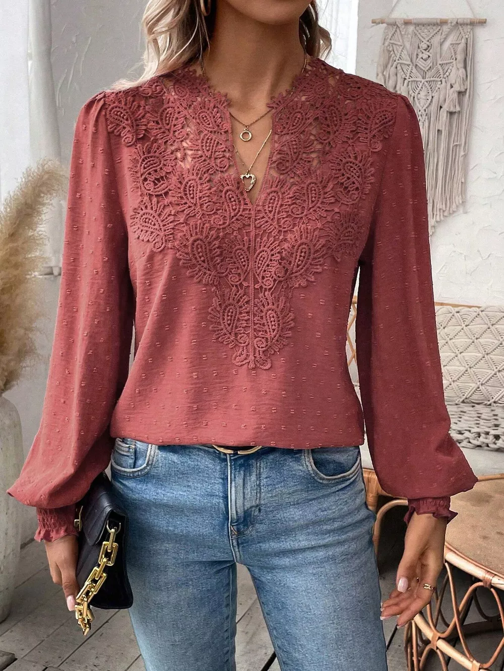 Lace Trim Long Sleeve Blouse, image 16