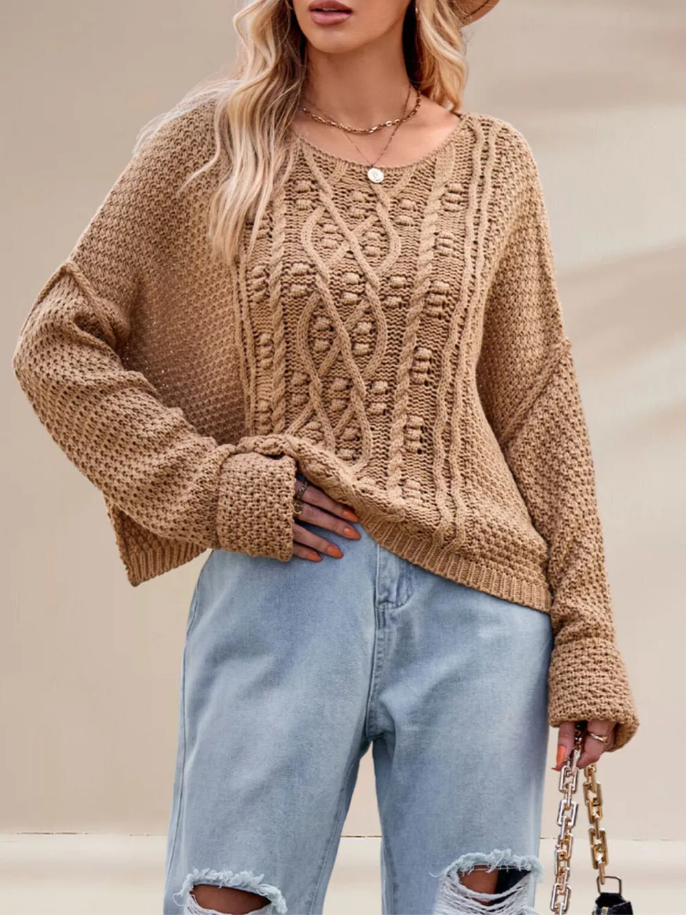 Cable Knit Dropped Shoulder Sweater, image 2