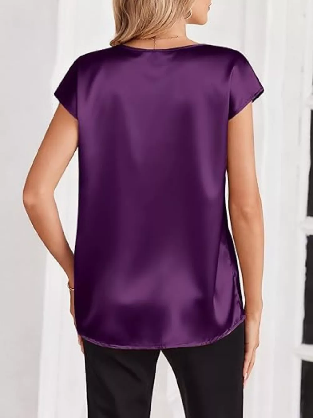 Satin V-Neck Short Sleeve Blouse, image 9