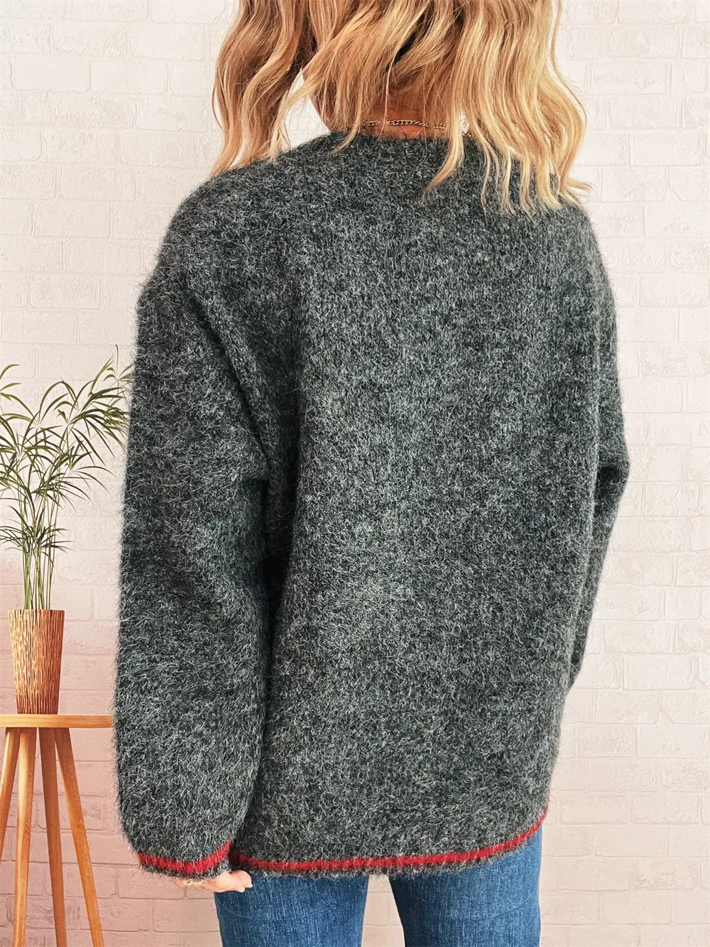 Contrast Trim Round Neck Cozy Sweater, image 6