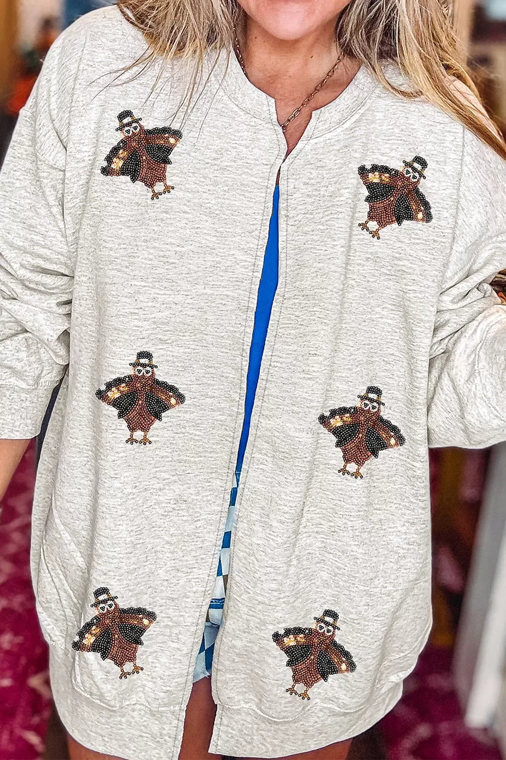 Sequin Turkey Graphic Casual Pocketed Open Front Sweatshirt, image 3