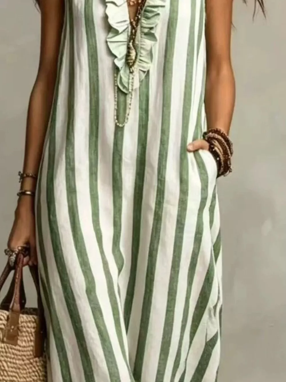 Full Size Sleeveless Striped Ruffle V-Neck Maxi Dress Plus Size, image 4