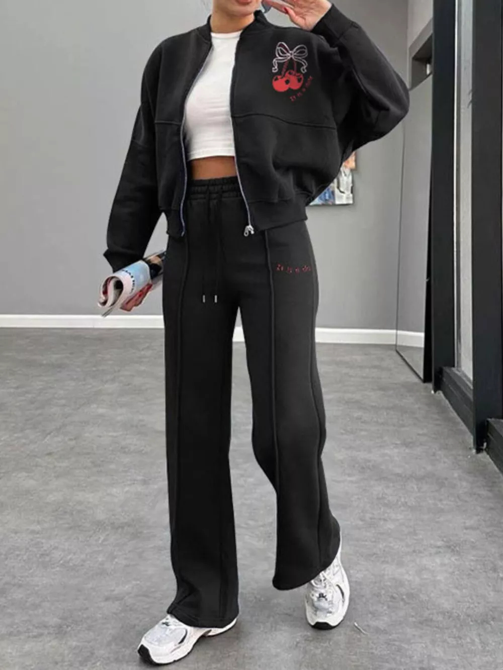 Zip Up Dropped Shoulder Outerwear and Pants Set