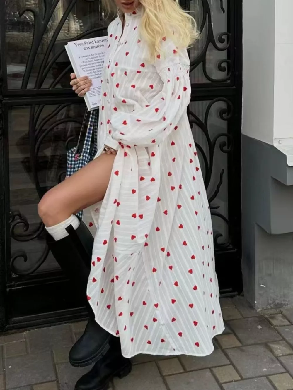 Heart Print Maxi Dress with Puff Sleeves, image 2