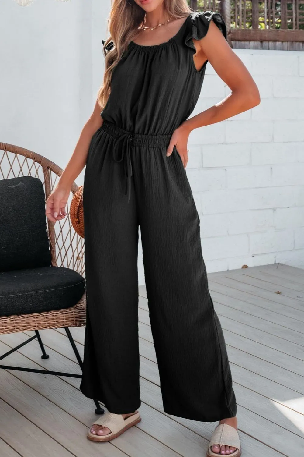 Ruffled Cap Sleeve Wide Leg Jumpsuit