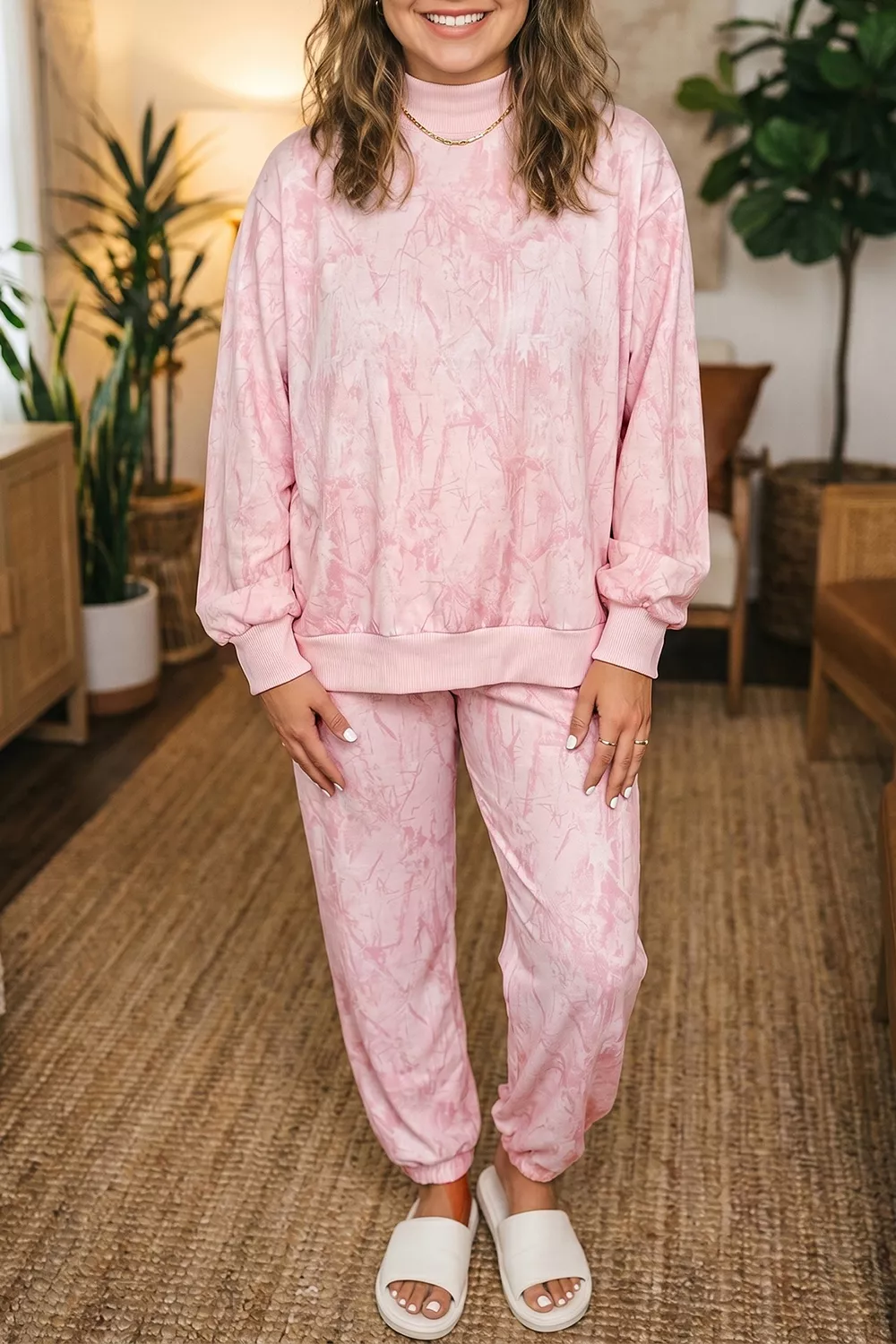 Plus Size Camouflage Print Stand Neck Long Sleeve Top and Pants Set, image 2