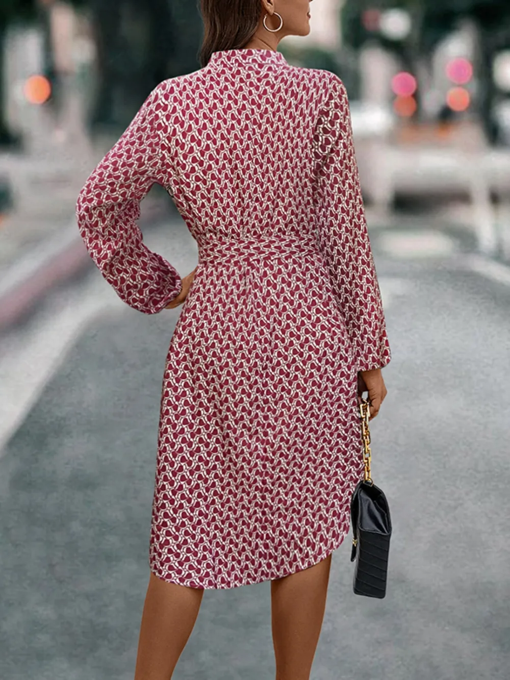 Tied Printed Notched Balloon Sleeve Dress, image 6