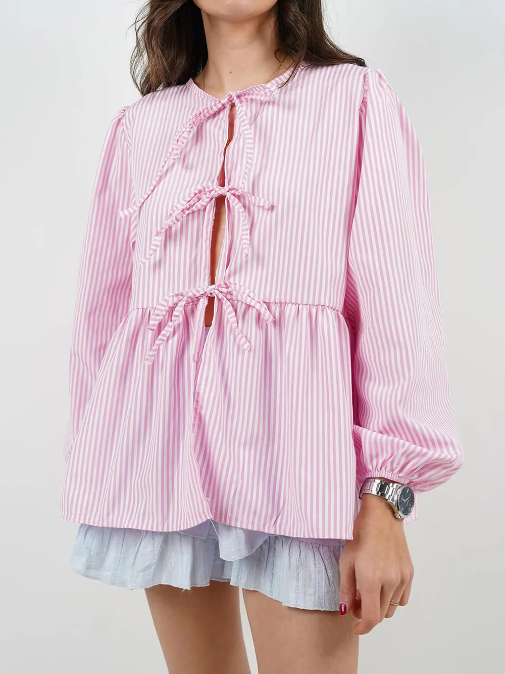 Tied Round Neck Long Sleeve Blouse, image 14