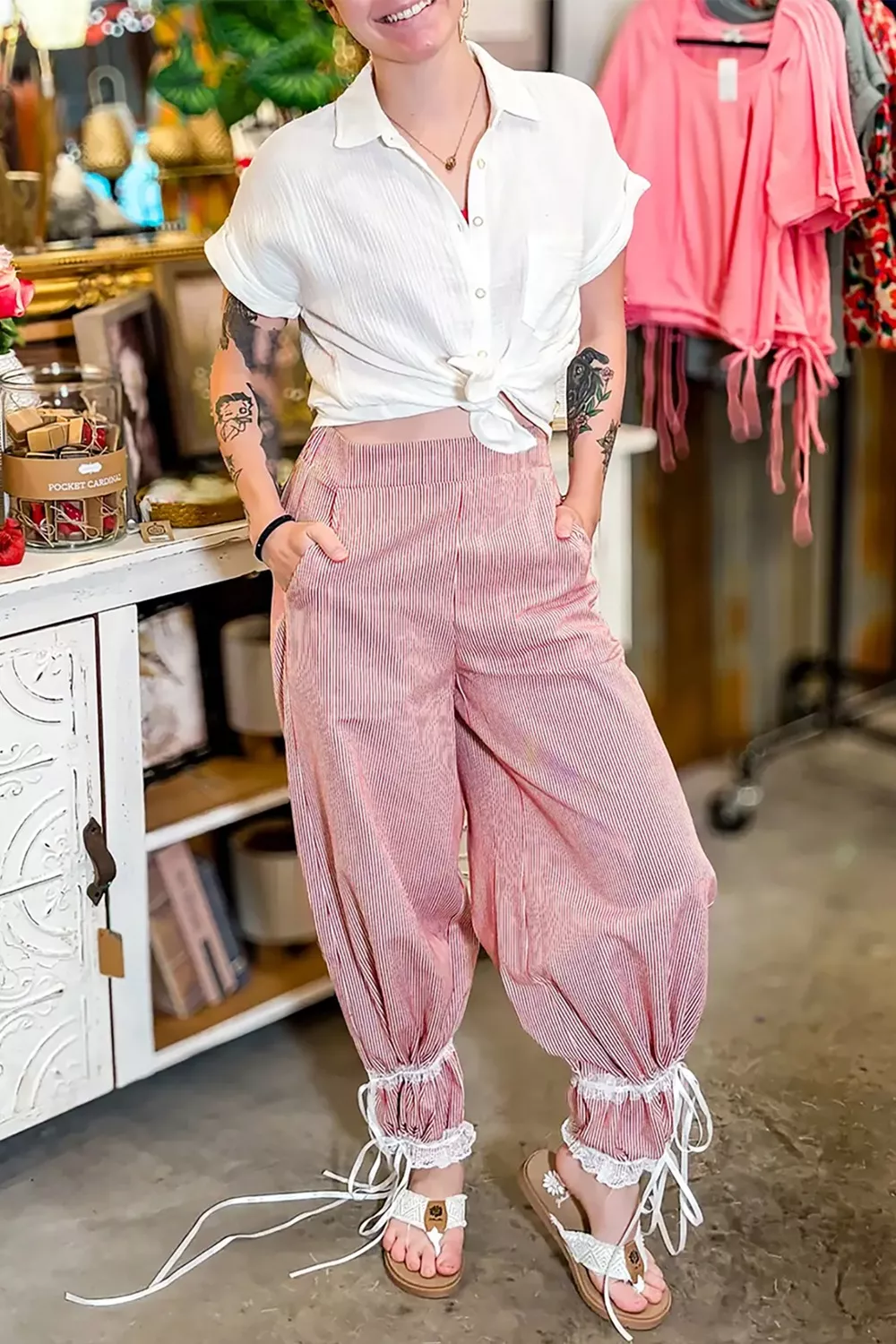 Stripe Contrast Lace Ribbon Tie Detail Wide Leg Pants, image 2