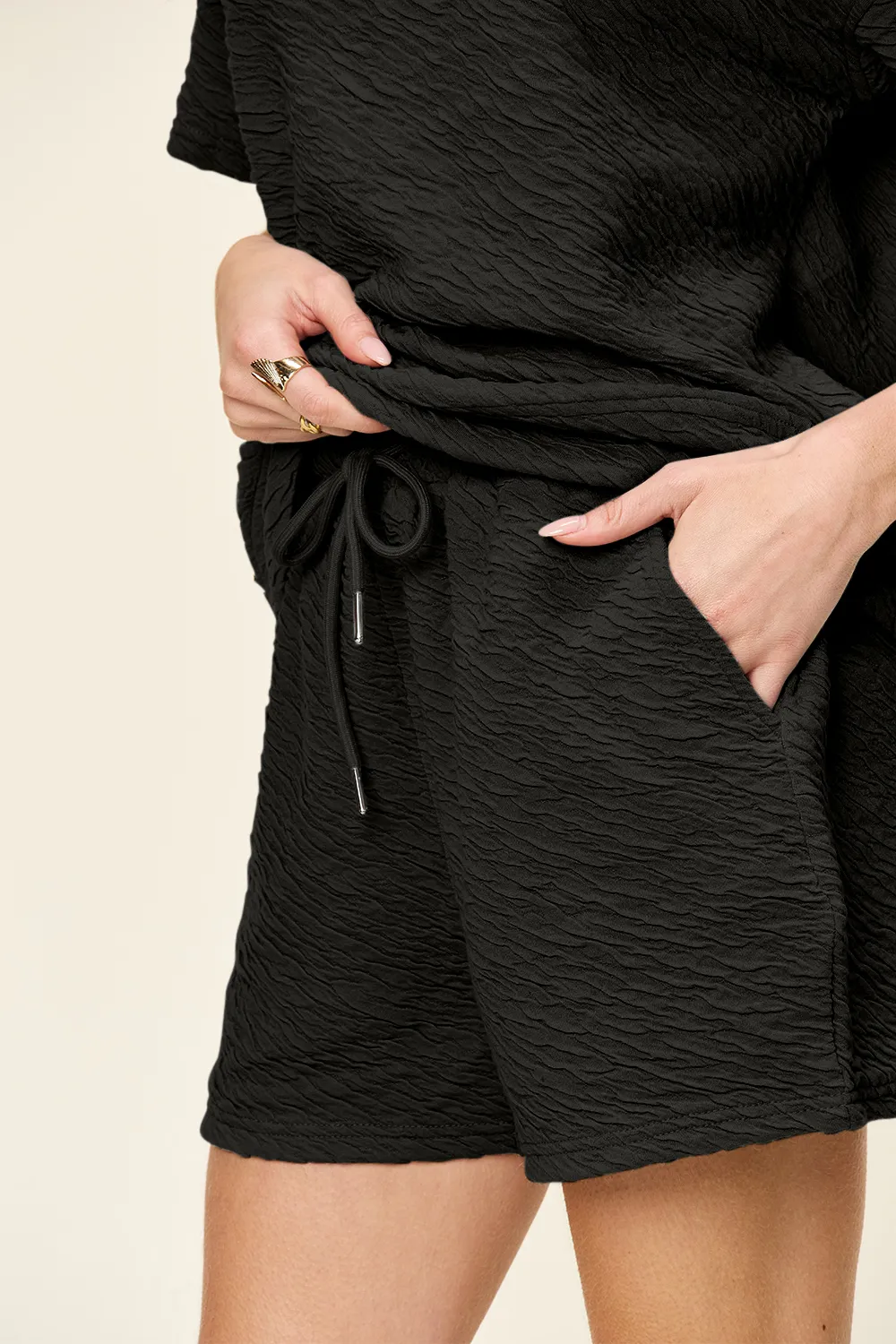 Full Size Texture Short Sleeve T-Shirt and Drawstring Shorts Set, image 17