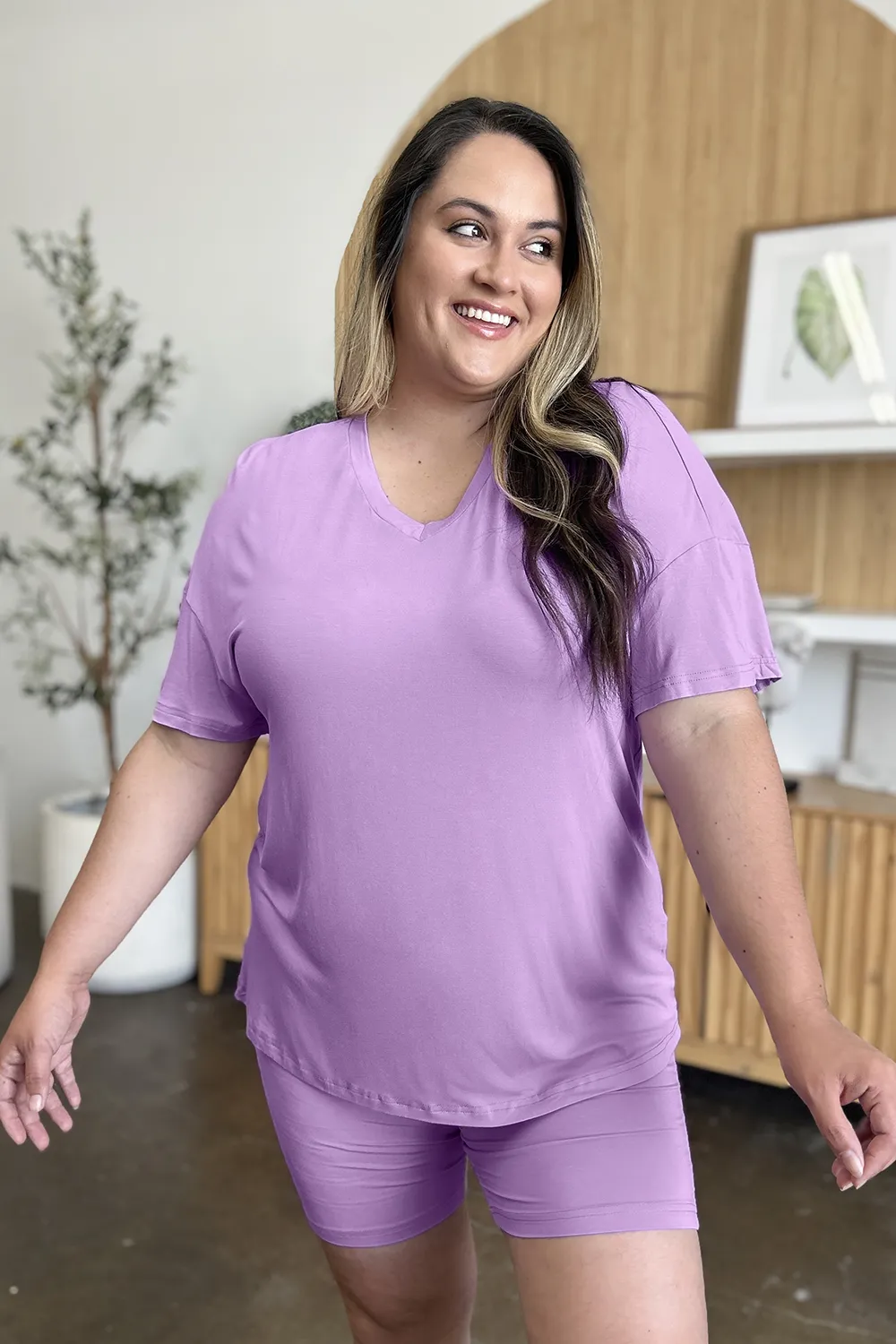 Bamboo Full Size V-Neck Drop Shoulder T-Shirt and Shorts Set, image 23