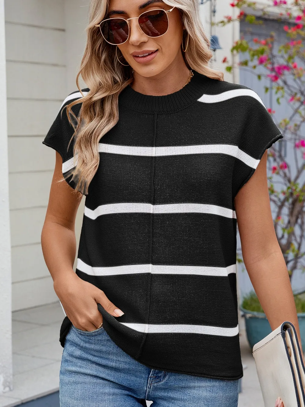 Exposed seam Contrast Striped Round Neck Knit Top, image 12