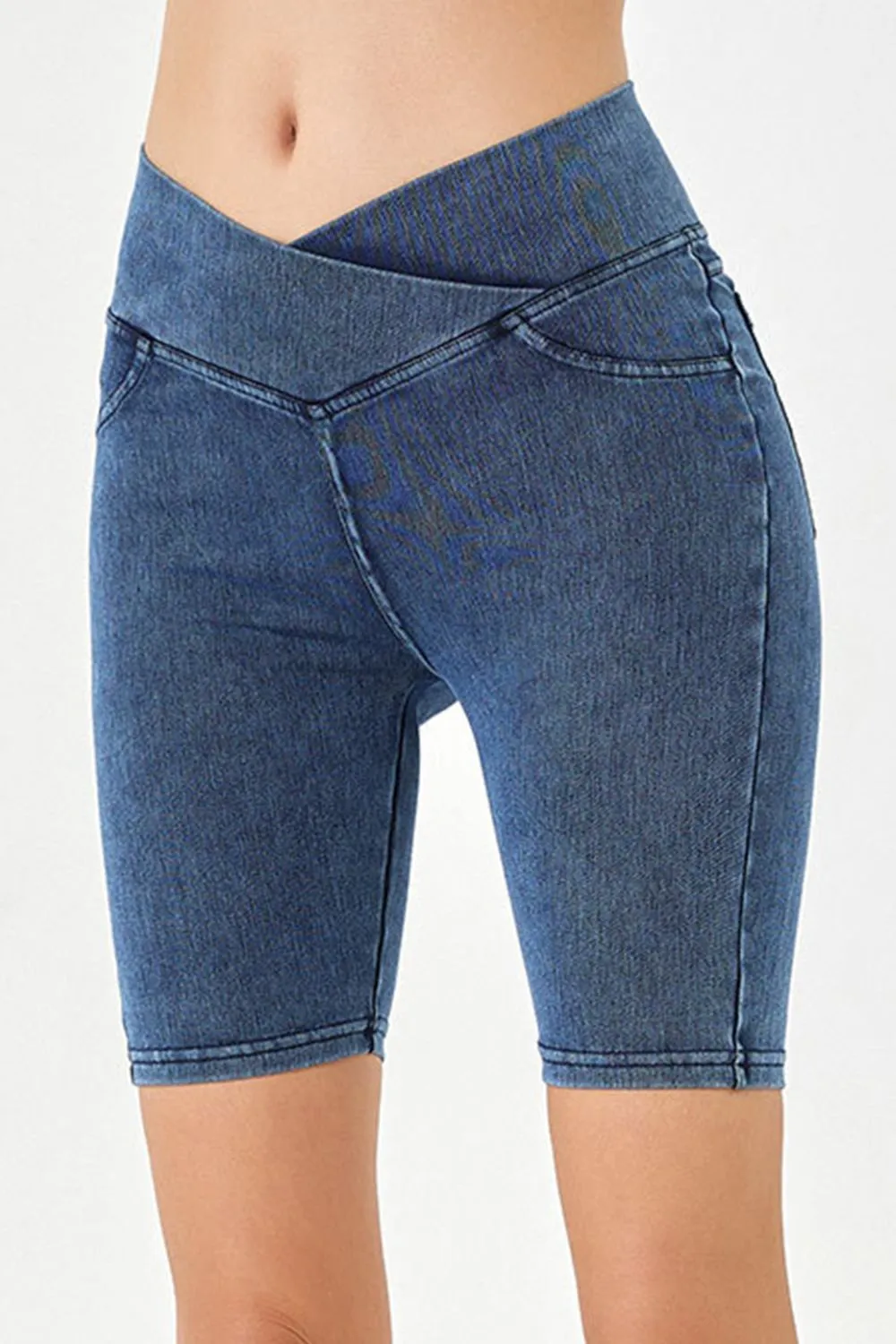 Asymmetrical Waist Denim Shorts with Pockets, image 12