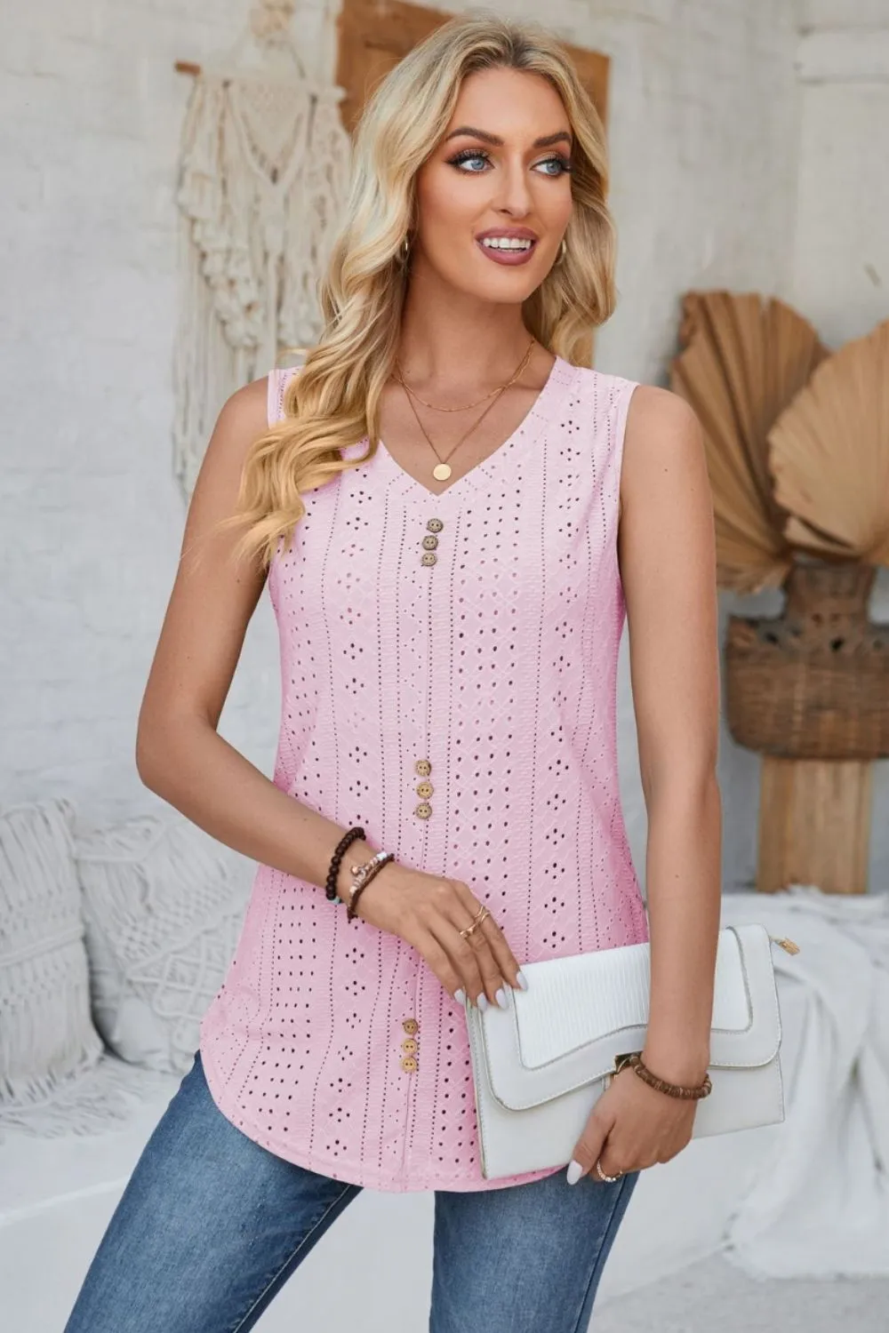 Eyelet Decorative Button V-Neck Tank, image 10