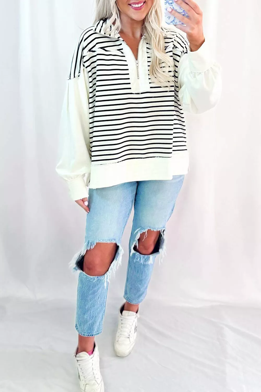 Stripe Color Block Long Puff Sleeve Metal Zip-Up Collar Top, image 3