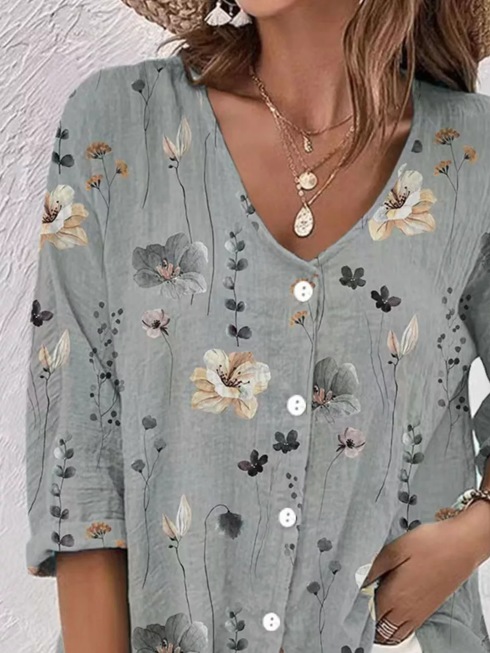 Floral Print V-Neck Button-Down Shirt, image 9