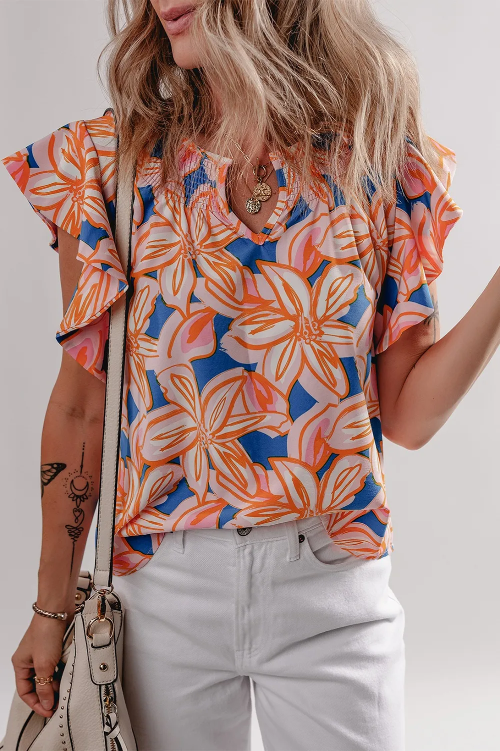 Flower Print Notched Neck Ruffle Sleeve Blouse, image 8