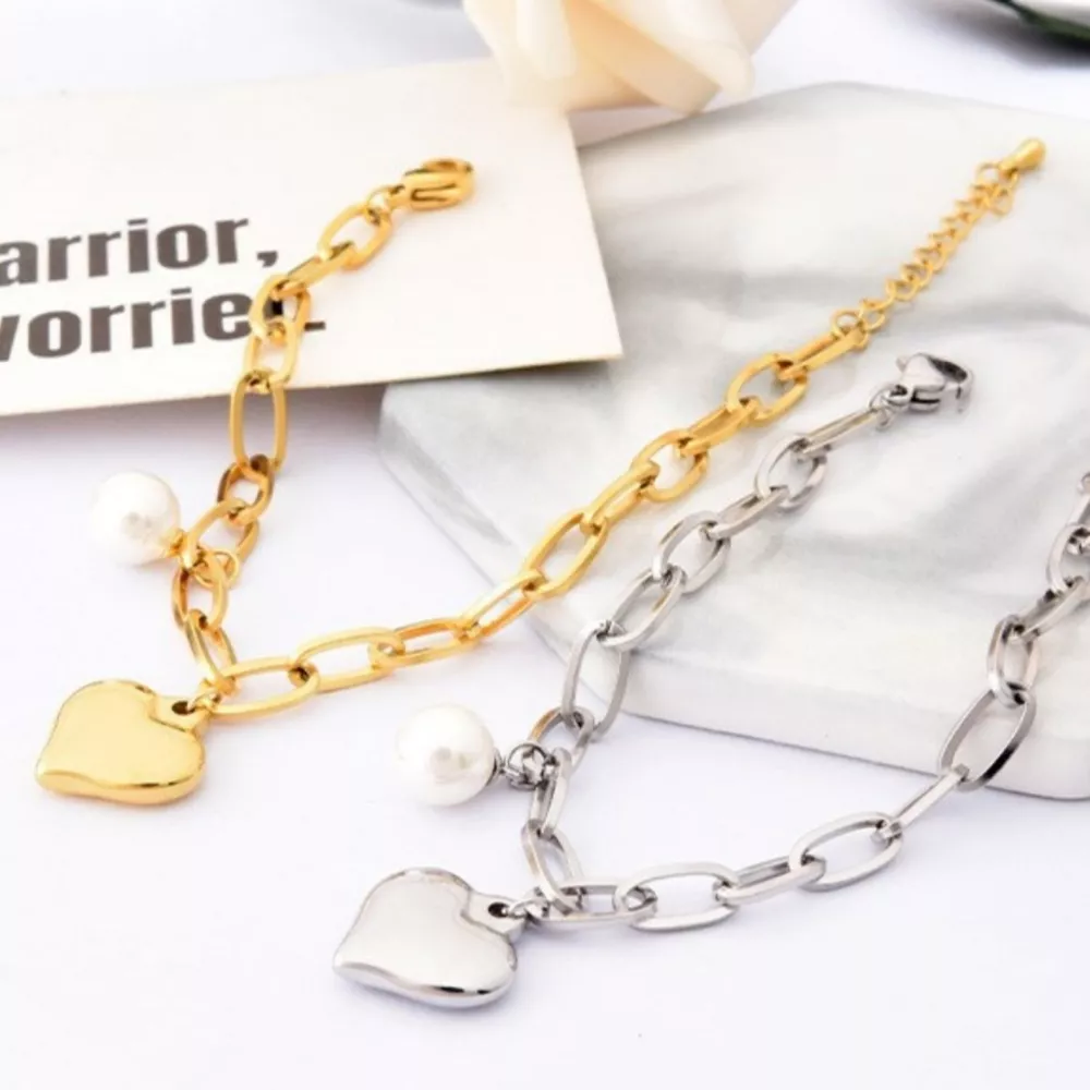 Heart Charm Pearl Accent Chain Bracelet, image 3