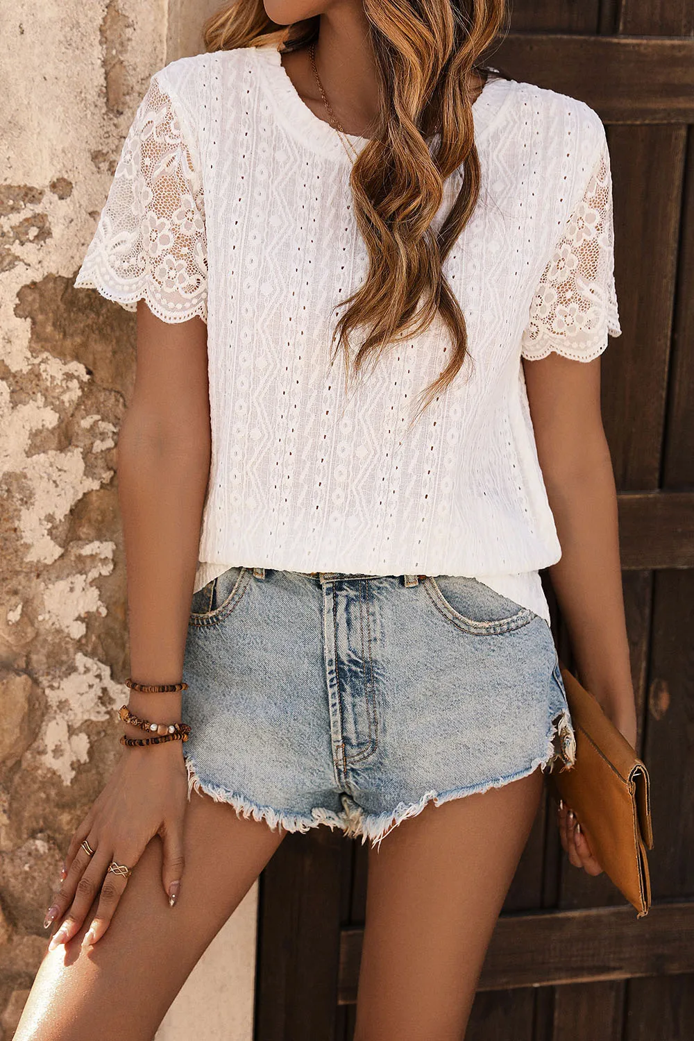 Eyelet Round Neck Short Sleeve T-Shirt, image 4