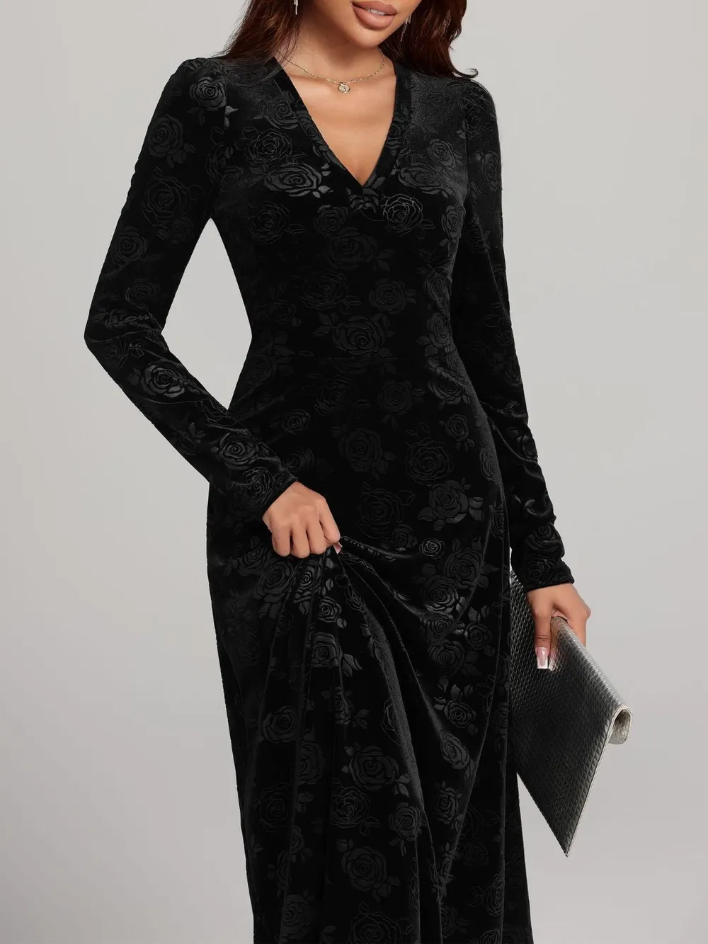 Rose Print V-Neck Long Sleeve Dress, image 5